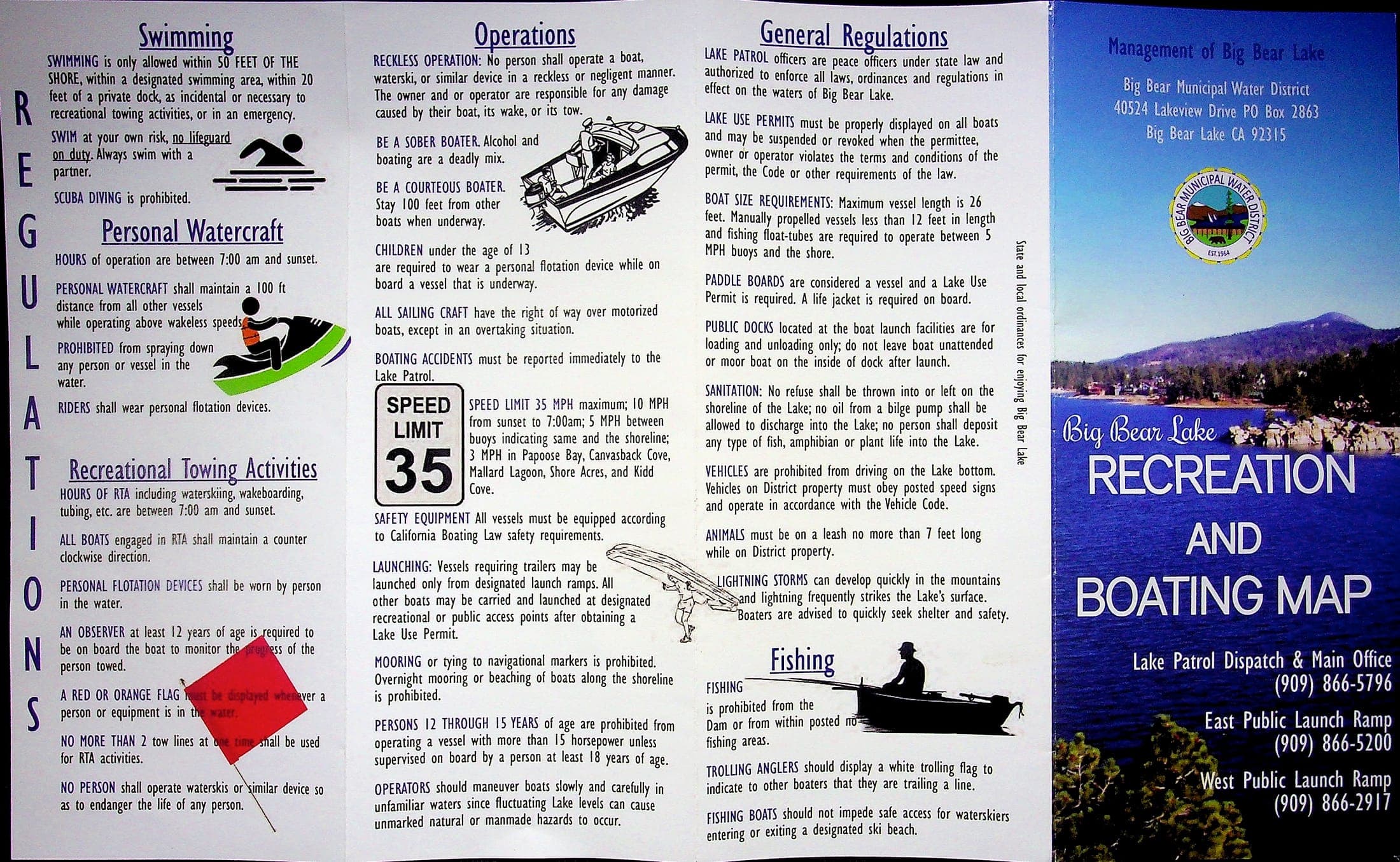 Front of a Big Bear Municipal Water District community brochure with Big Bear Lake recreation rules, public launch-ramp contacts, and lake-use notes