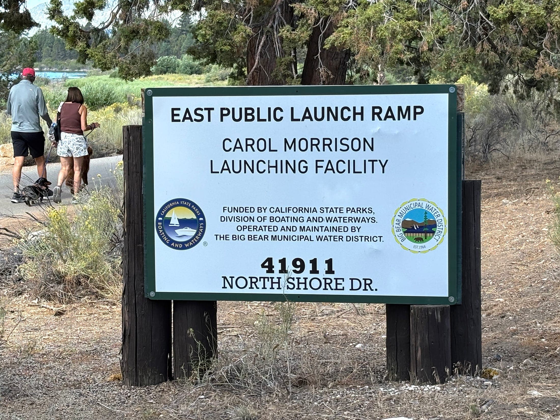 East Public Launch Ramp and Carol Morrison Launching Facility sign on North Shore Drive at Big Bear Lake