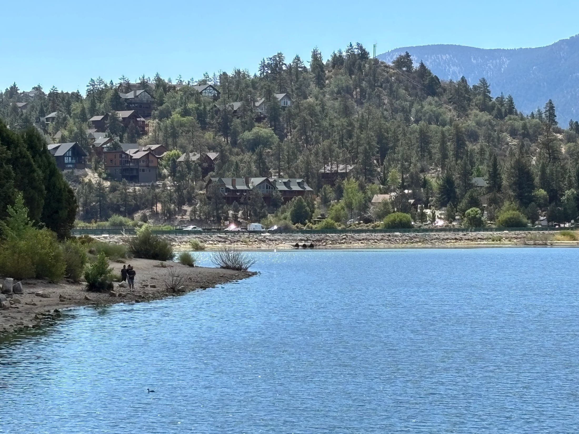 Hillside mountain homes above a road and Big Bear Lake, seen from the water