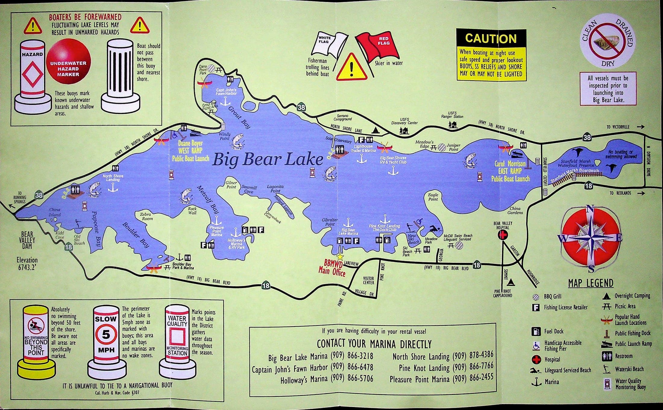 Back of the Big Bear Lake recreation and boating map showing public ramps, marinas, named bays, North Shore Drive, and valley highways