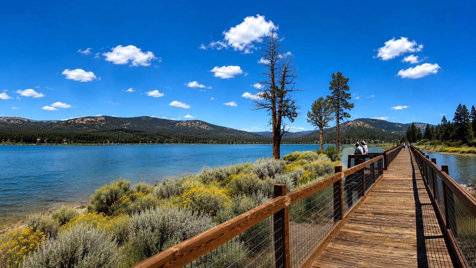 Wooden boardwalk along Stanfield Marsh at Big Bear Lake with pine-covered mountains beyond