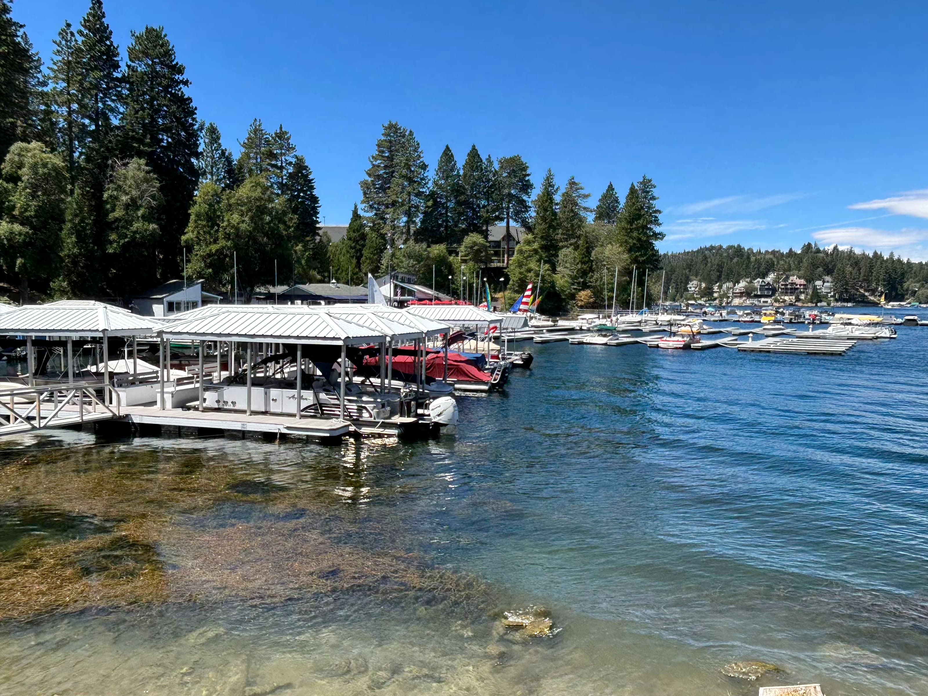 Covered boat slips on Lake Arrowhead with pine forest behind