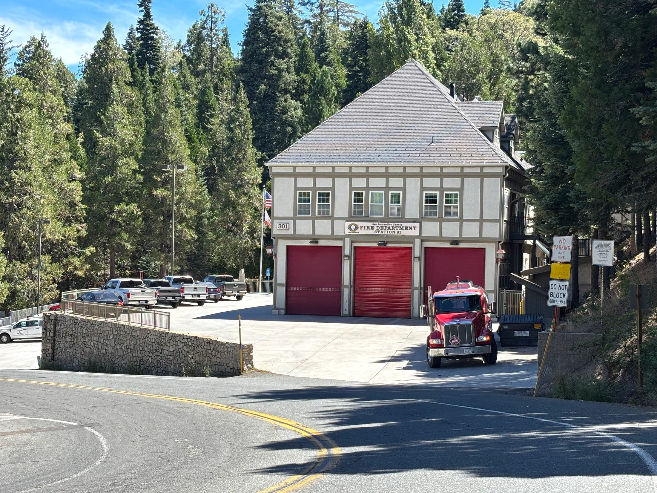 San Bernardino County Fire Station 91 among pine trees in Lake Arrowhead, California