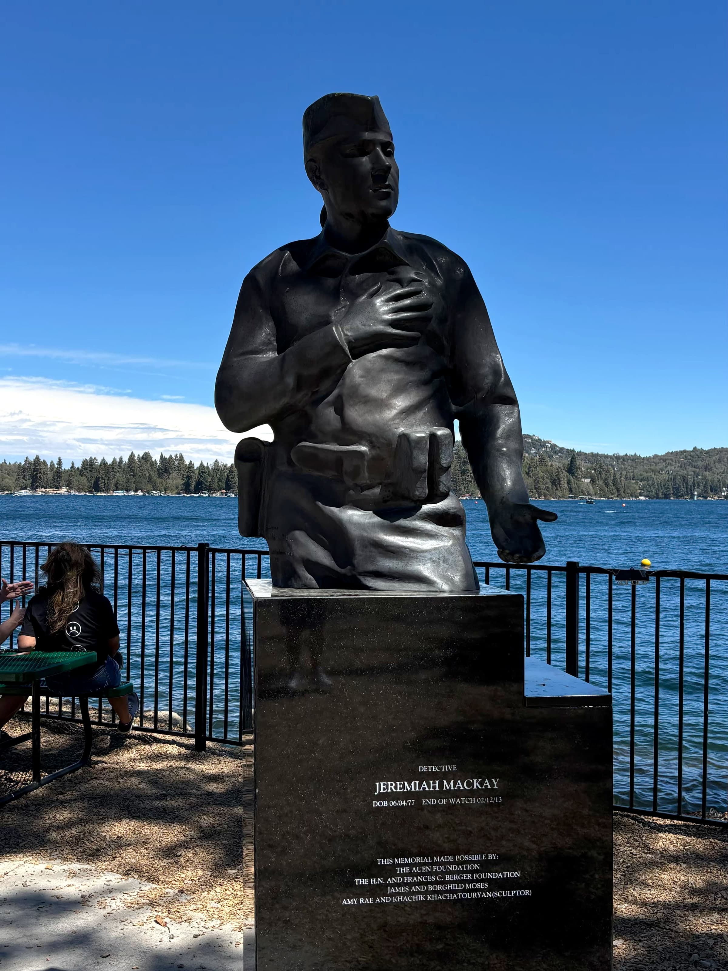 Detective Jeremiah MacKay memorial statue overlooking Lake Arrowhead