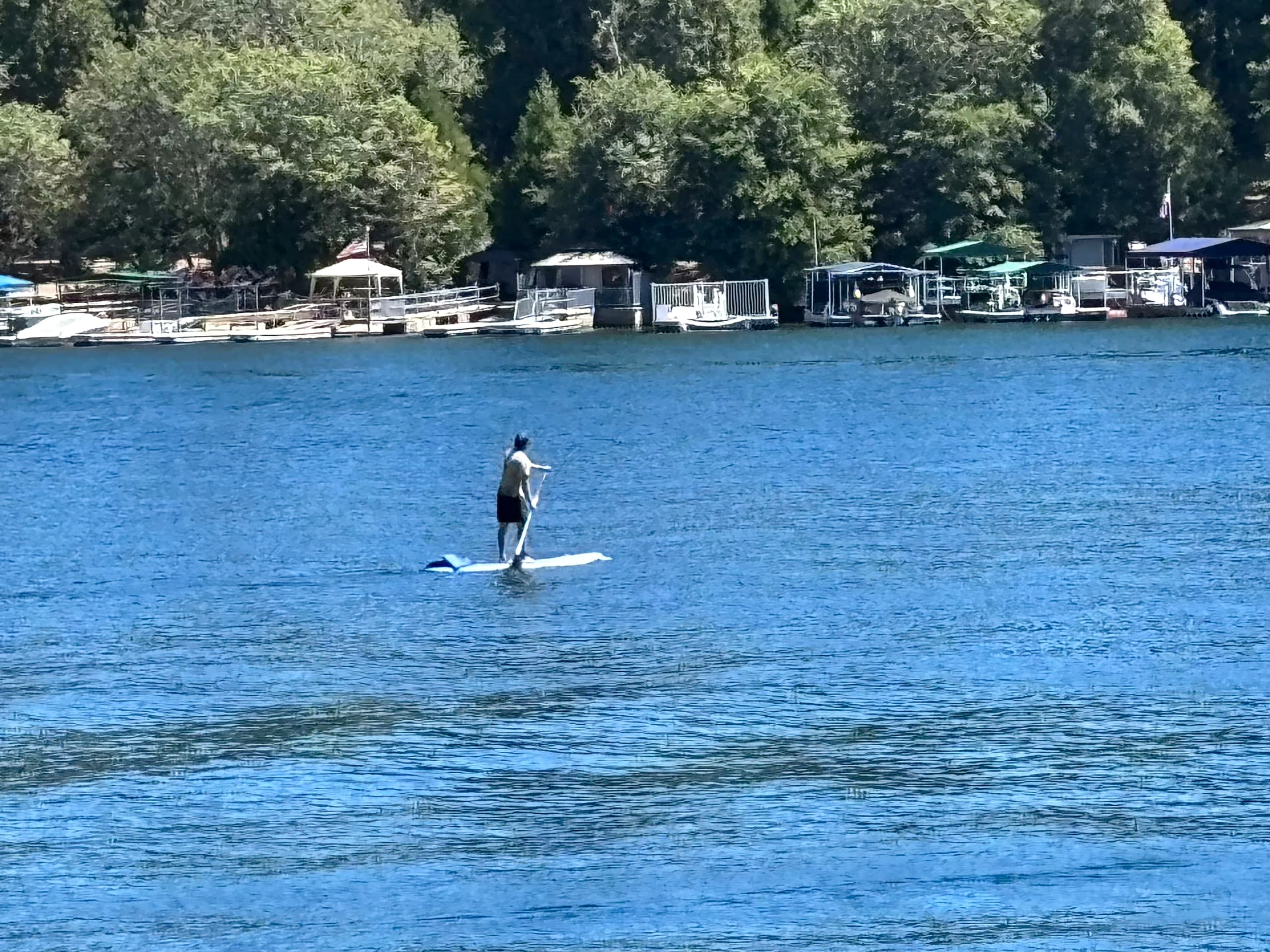 Paddleboarder on Lake Arrowhead with private slips along the forested shore