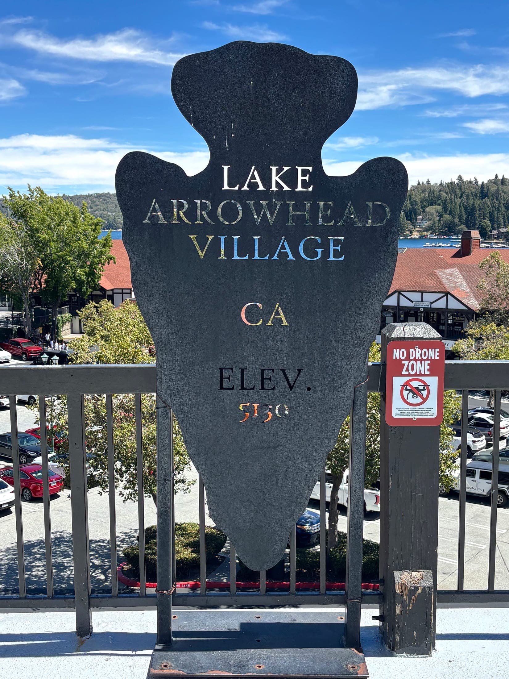Lake Arrowhead Village sign showing elevation 5130 feet above the village and lake