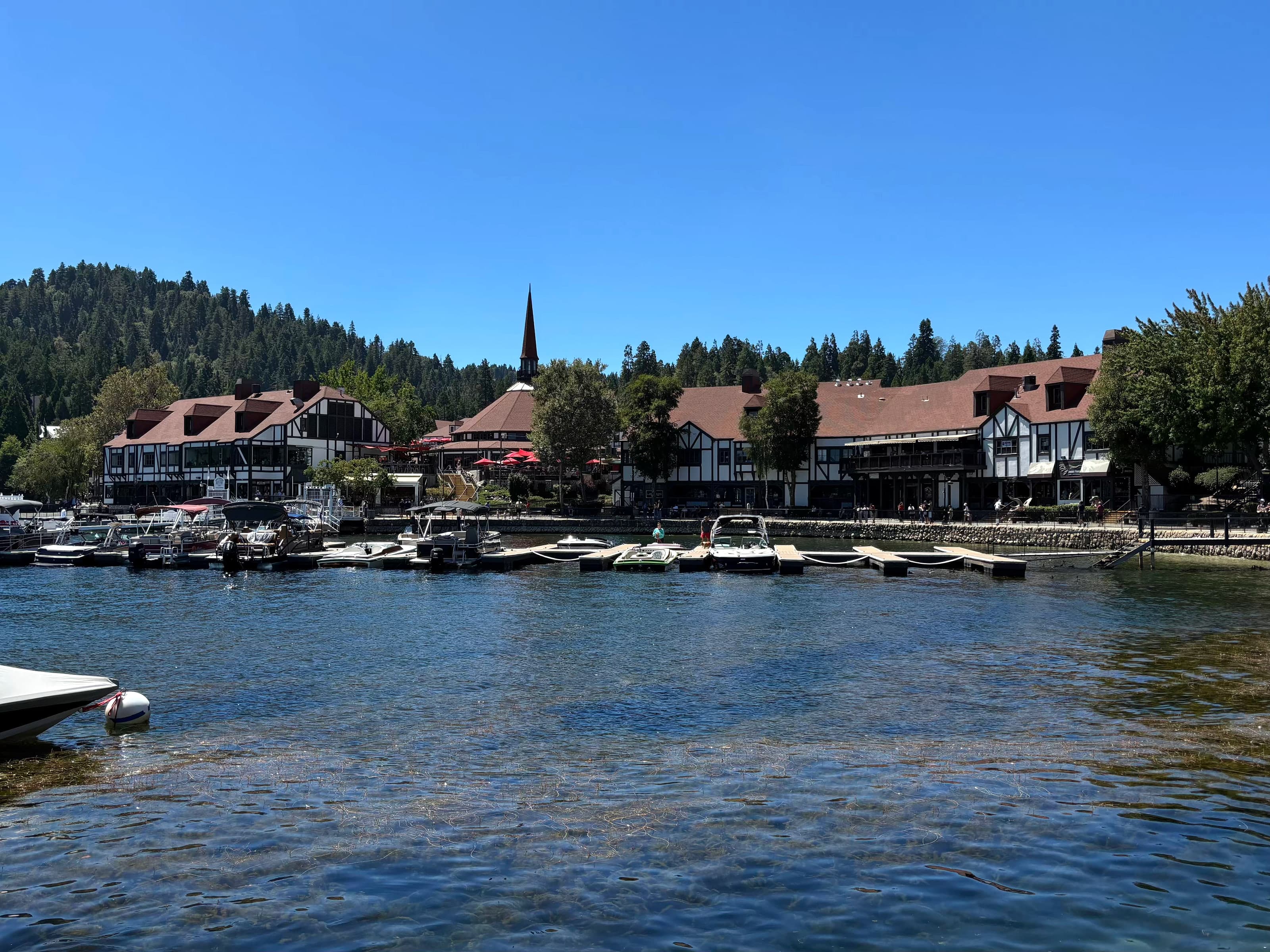 Lake Arrowhead Village Tudor buildings and docks seen from the water
