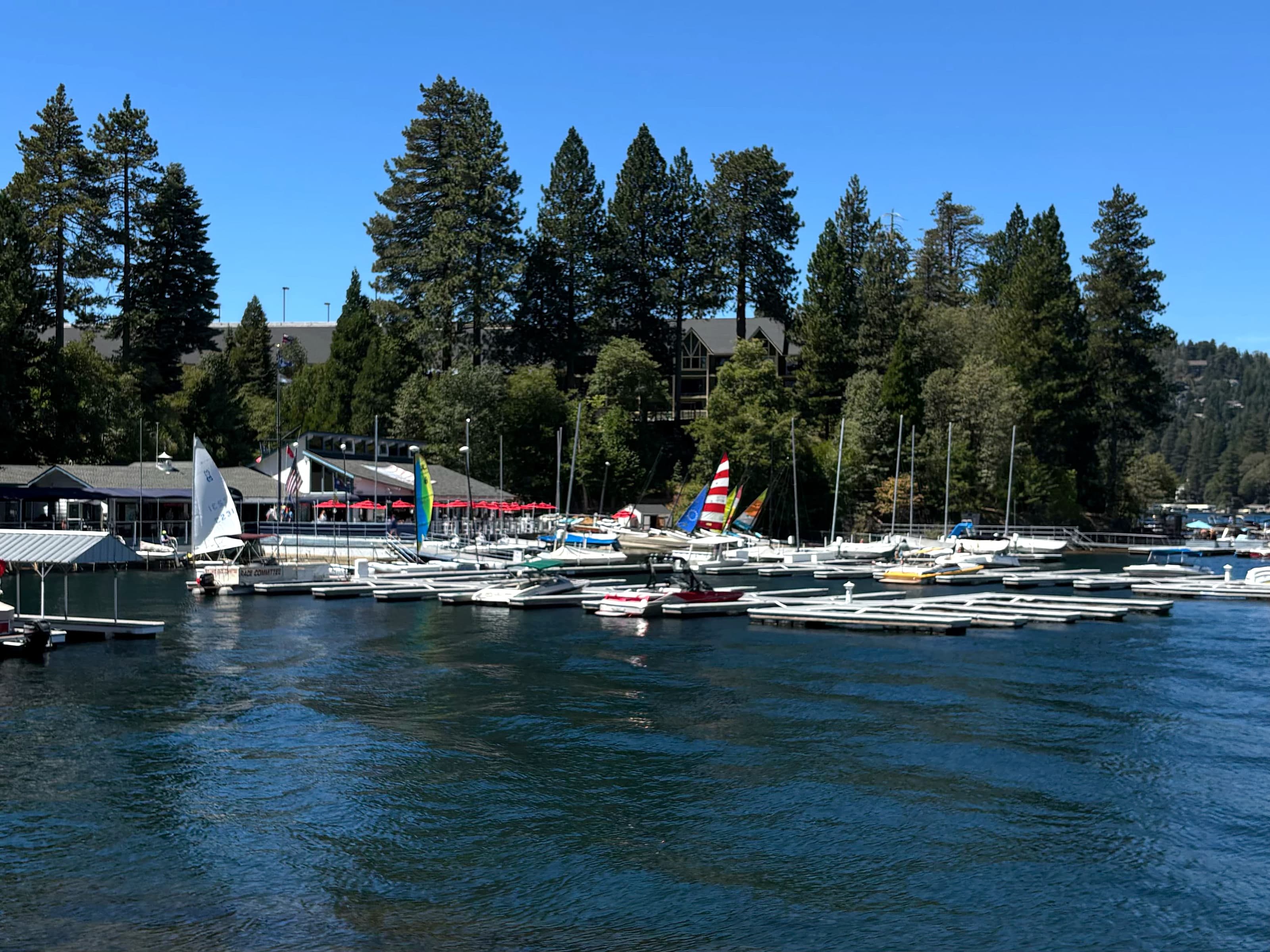Sailboats in slips at the Lake Arrowhead Village marina