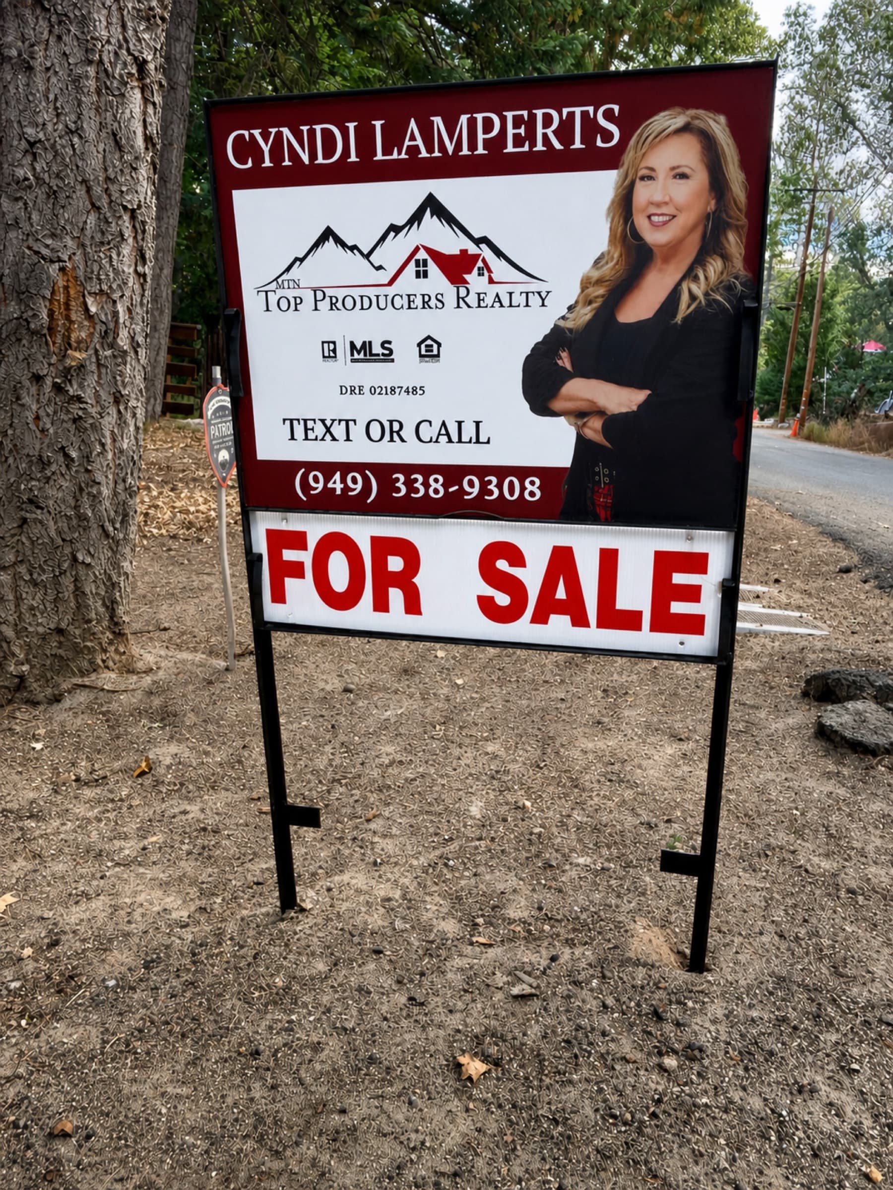For sale sign for Cyndi Lamperts of Mountain Top Producers Realty beside a tree-lined mountain road