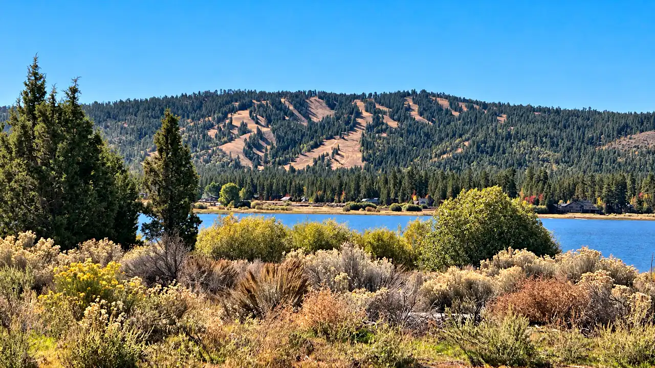 Chaparral and pines in front of Big Bear Lake, with ski-run mountains beyond